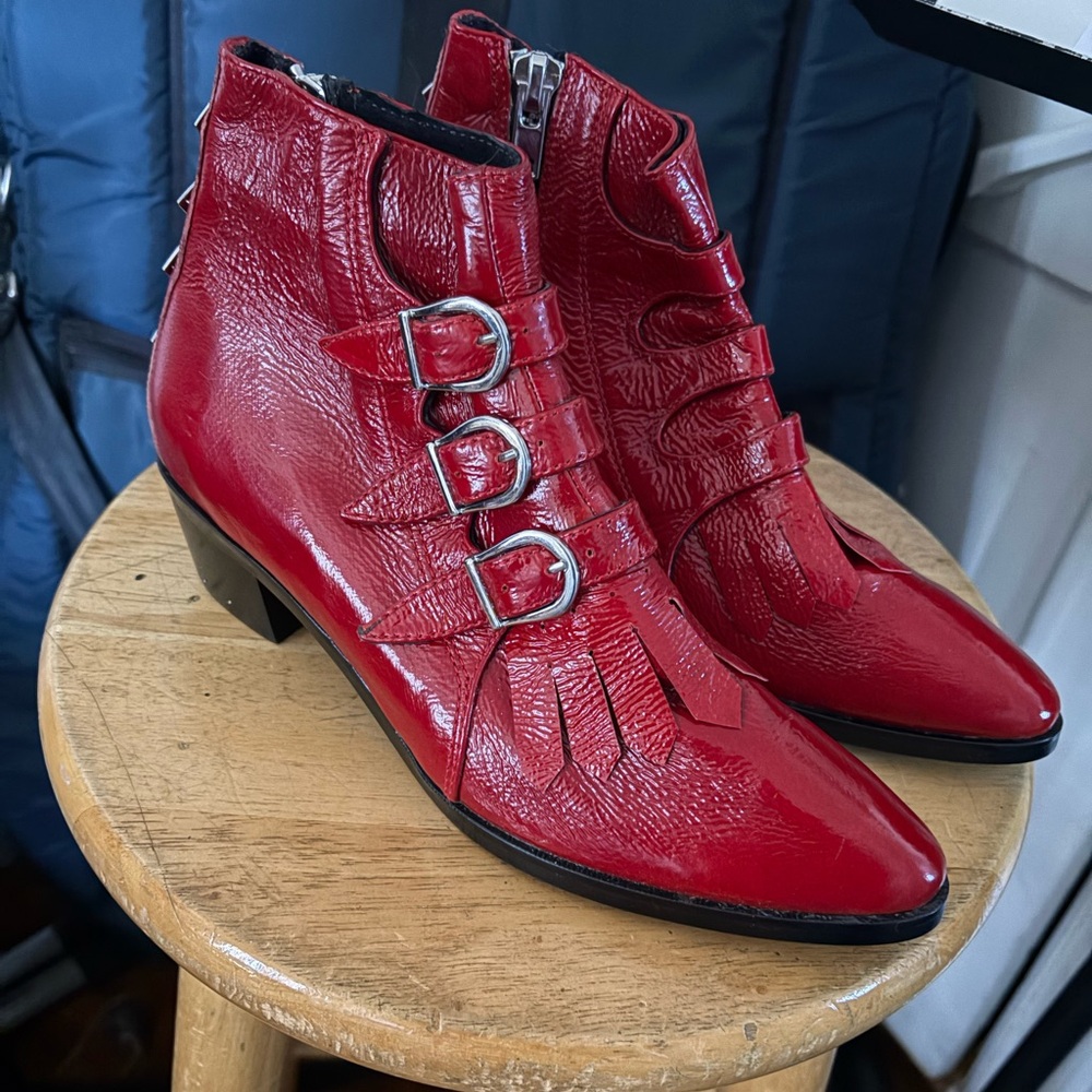 Modern Vice Red Ankle Boots with Triple Buckle and Studs